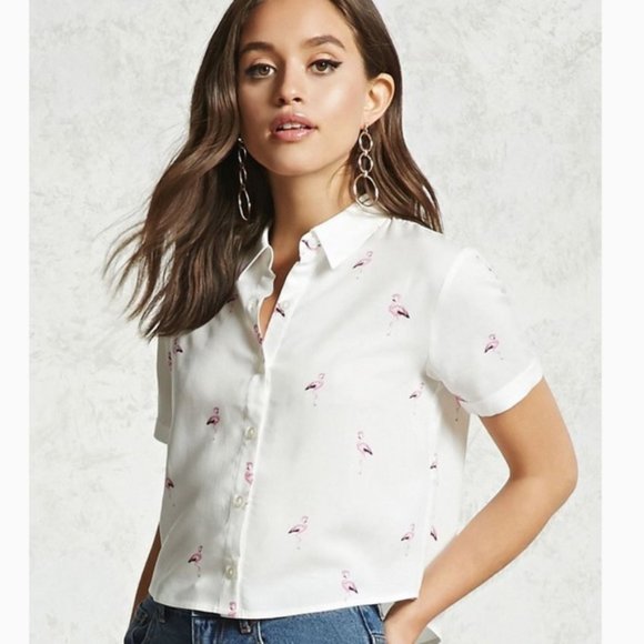 Forever 21 Flamingo Button Front Crop Top White - Picture 1 of 6